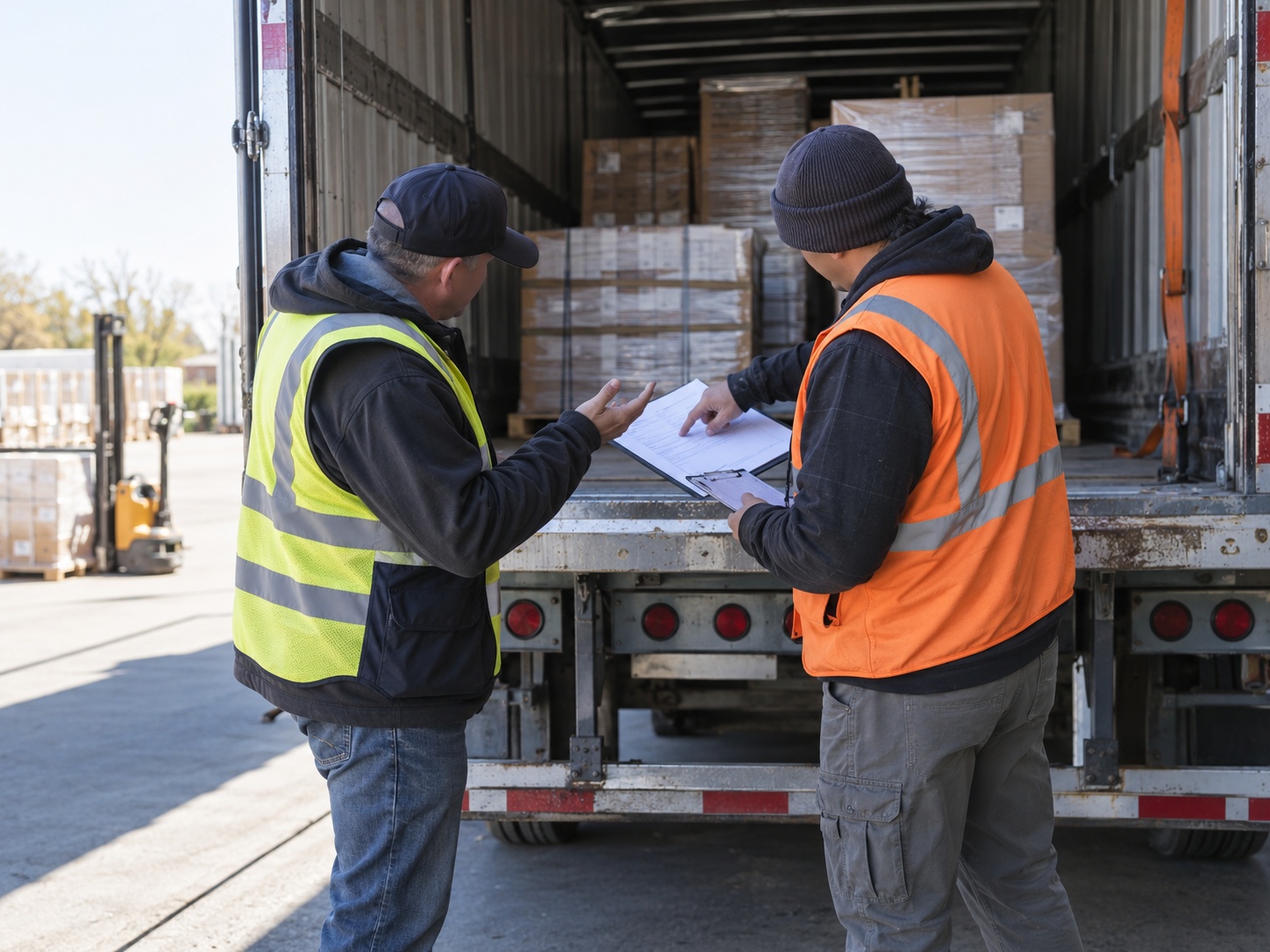 A driver and a warehouse worker in high-visibility vests standing at the back of a loaded trailer, looking together at paperwork one of them is holding.