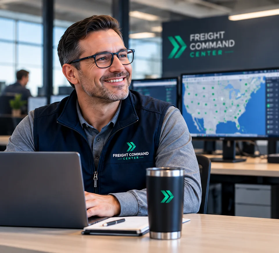 Freight broker at a desk with shipment tracking screens in a Freight Command Center office.