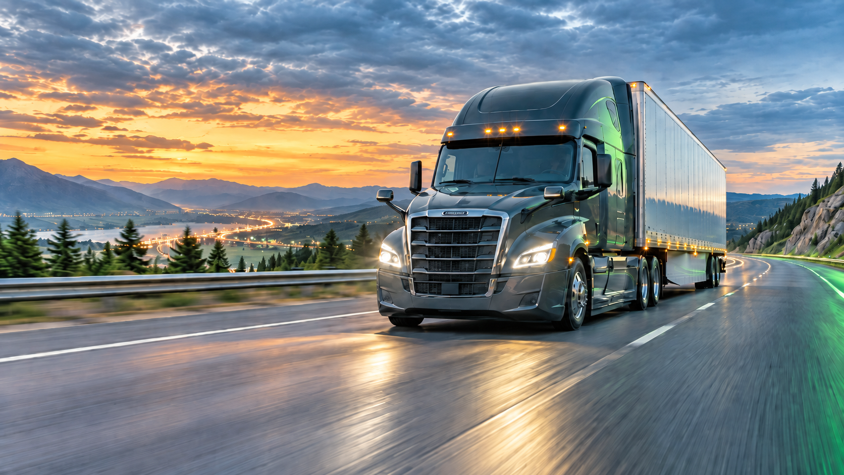 Freight truck travelling on a mountain highway at sunrise.
