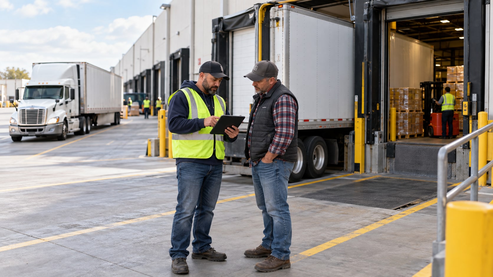 A dock worker with a tablet talks with a truck driver beside a trailer backed into a warehouse door, confirming the appointment.