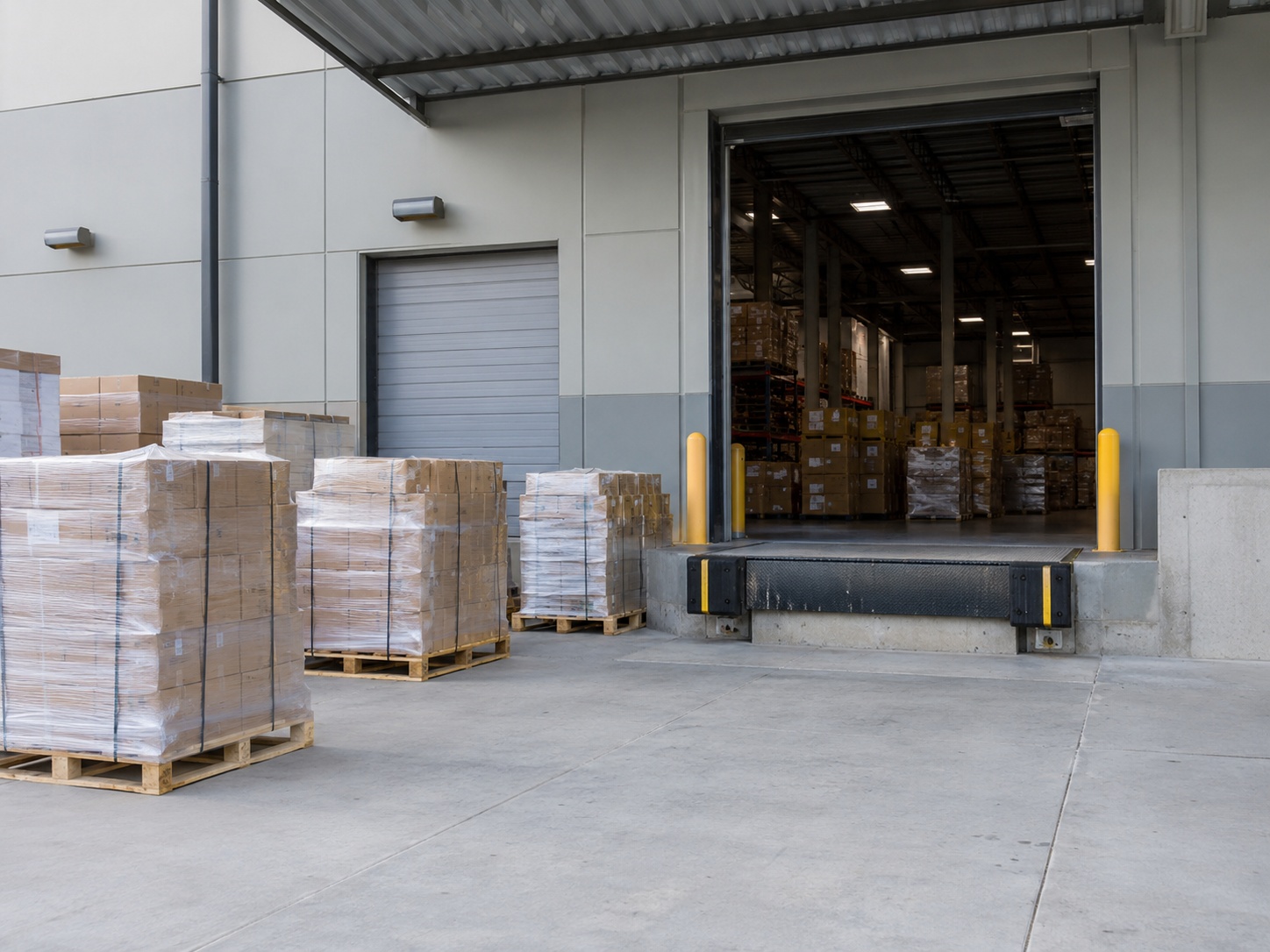 A clear dock area with wrapped freight staged beside an open bay door and nothing blocking the approach.