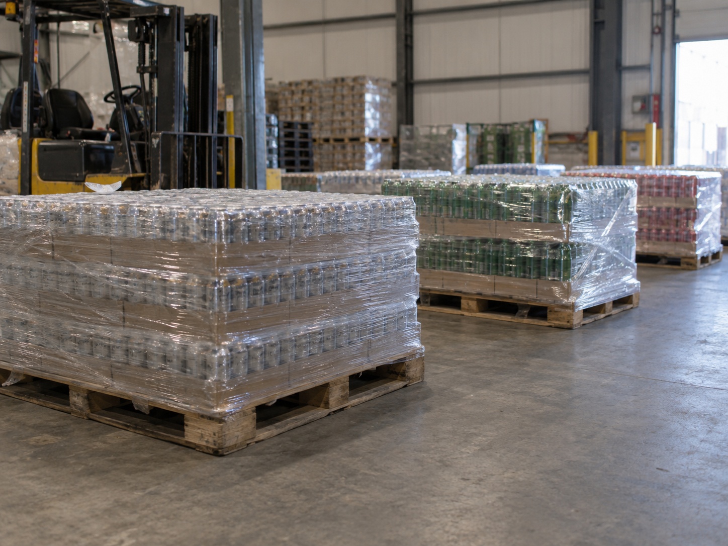 Several wrapped pallets of canned and bottled drinks standing single-height on a warehouse floor, none stacked on top of another.