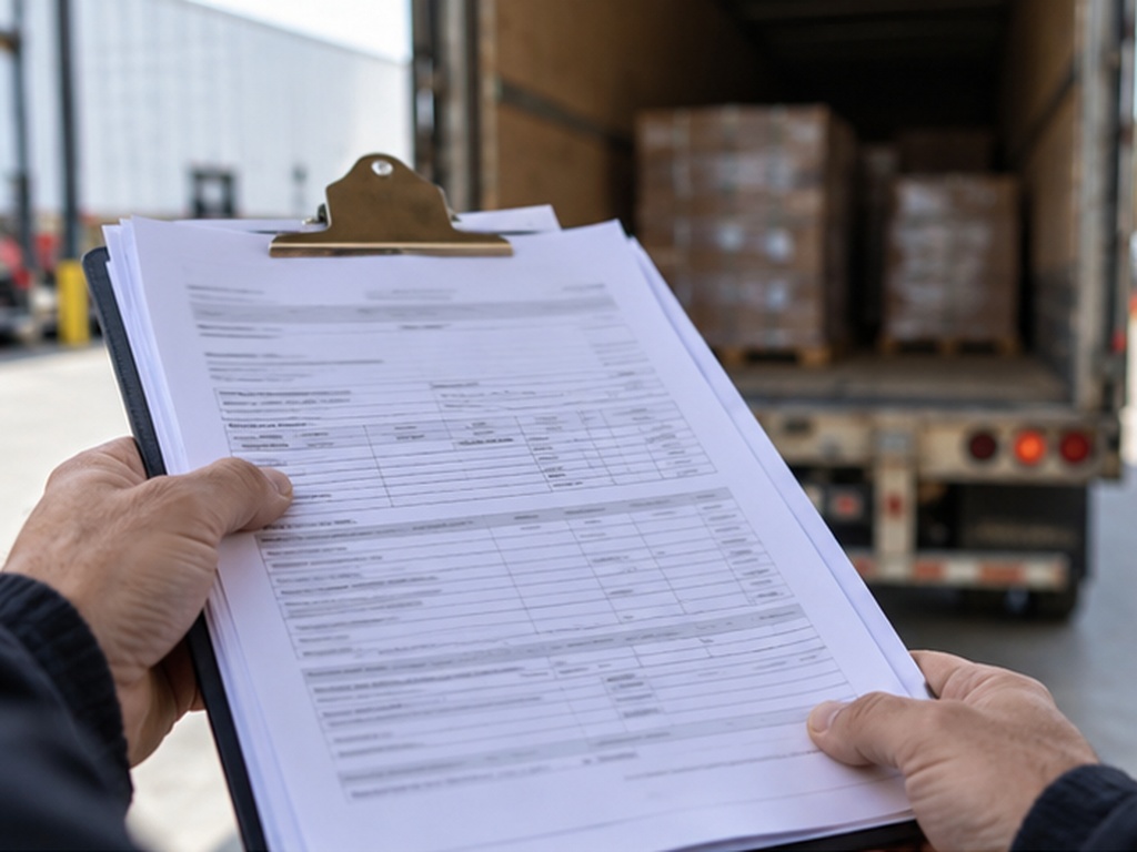A pair of hands holding a multi-page shipping document on a clipboard, read at arm’s length, with the open rear of a loaded trailer behind it.