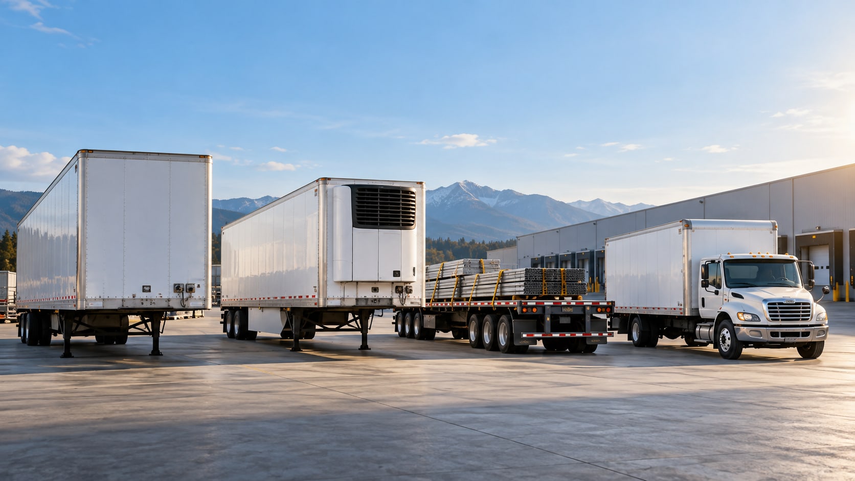 A dry van, a refrigerated trailer, a flatbed loaded with metal bundles and a box truck parked side by side in a yard with mountains behind.