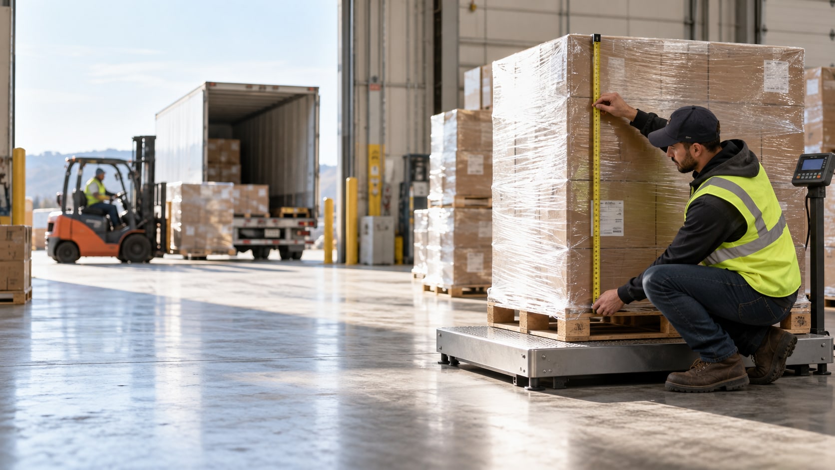 A worker in a safety vest measures the height of a stretch-wrapped pallet standing on a floor scale in a warehouse.