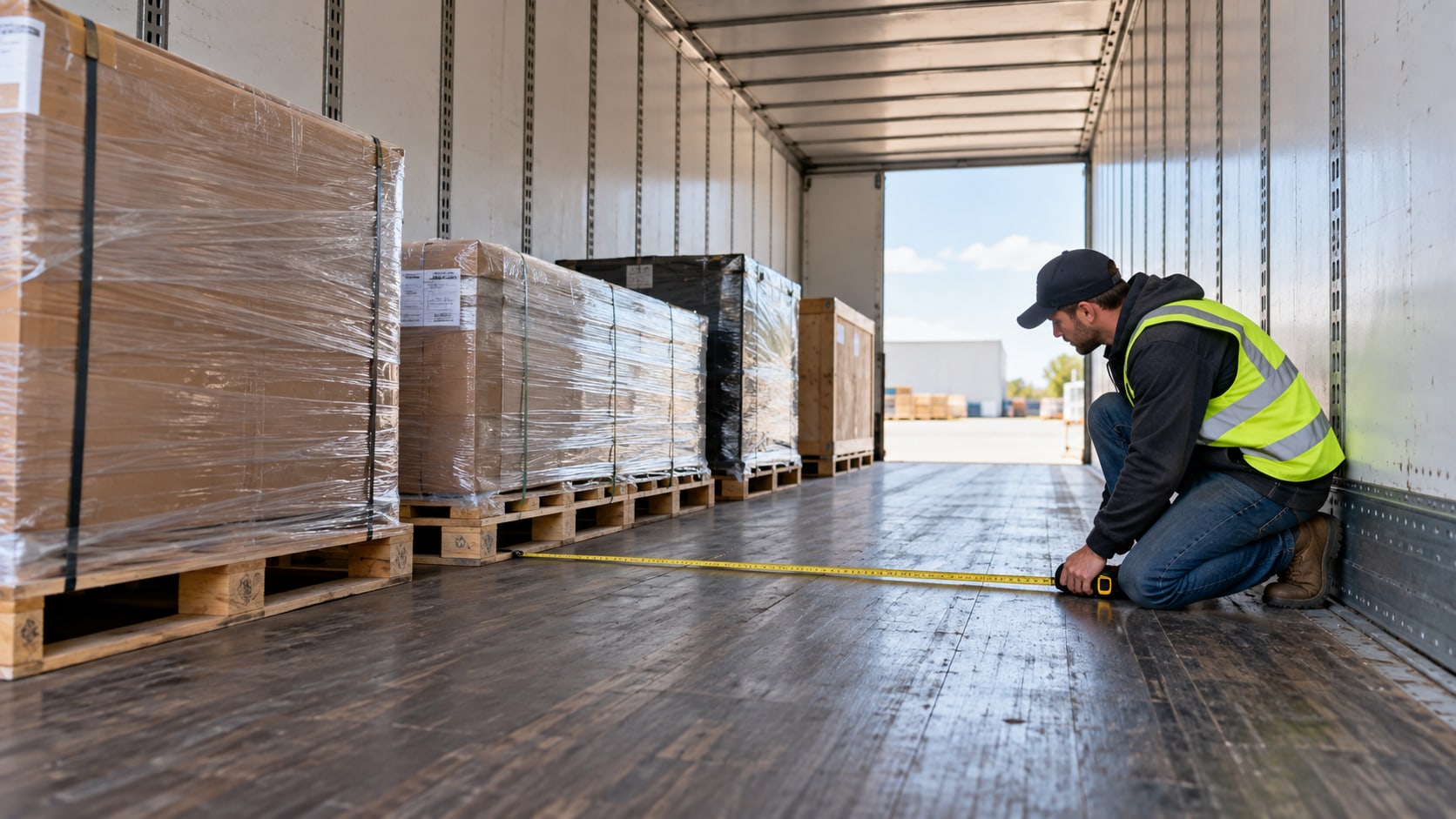 A worker in a safety vest kneels inside an open trailer and stretches a yellow tape measure along the floor beside wrapped pallets.