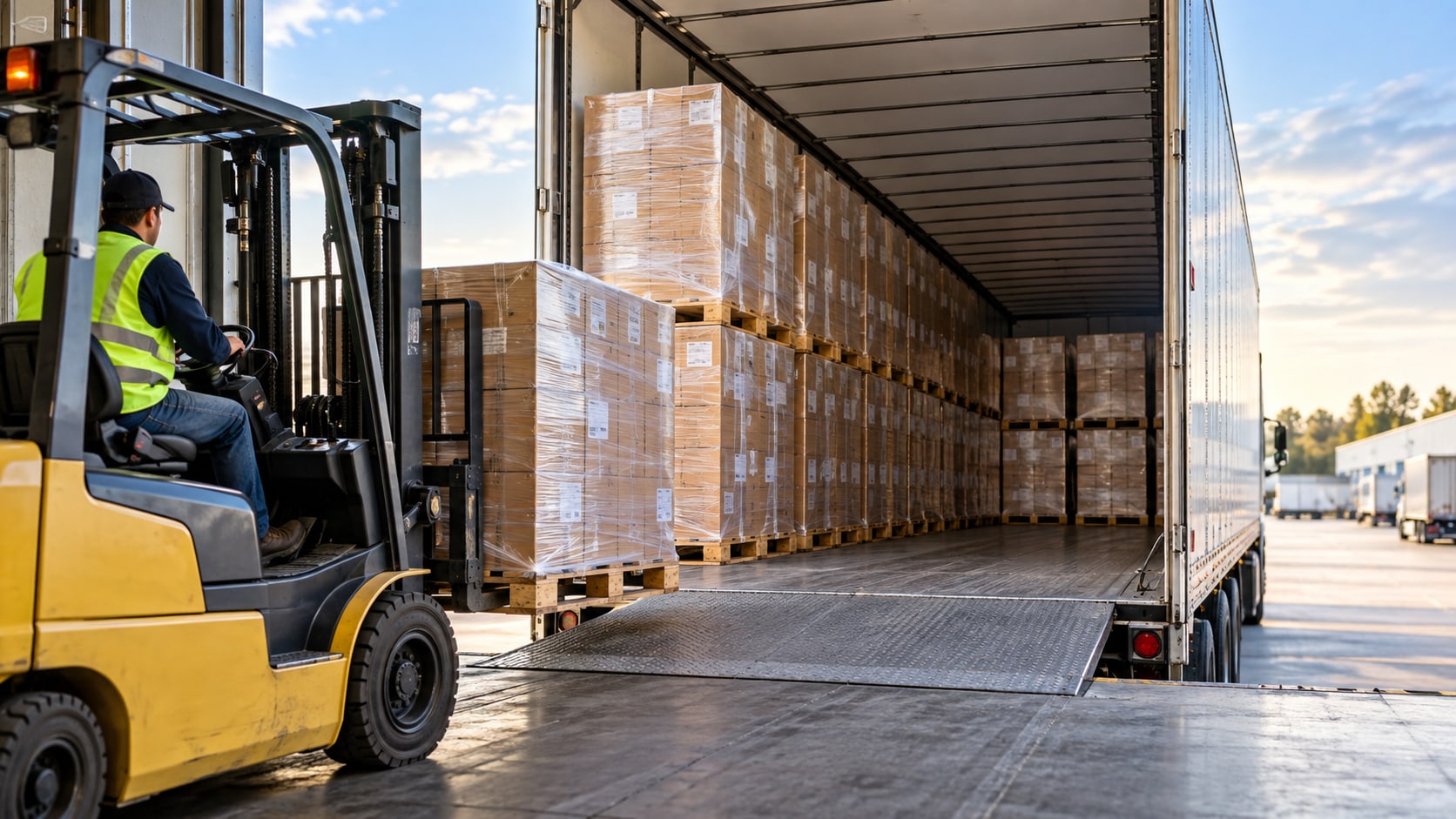 A forklift driver in a safety vest carries a wrapped pallet from a dock plate into a trailer already stacked with pallets.