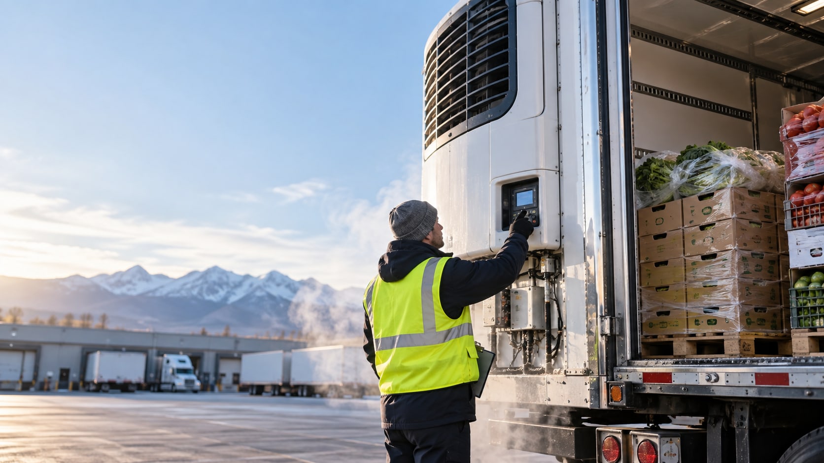 A driver in a safety vest and knit hat reaches up to the control panel on a refrigerated trailer's cooling unit, with produce loaded in the trailer behind.