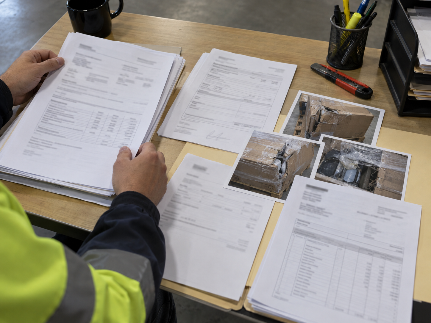 A desk with freight claim paperwork spread out: a thick set of shipping documents held open, further printed forms, and three photographs of damaged cartons on a pallet.
