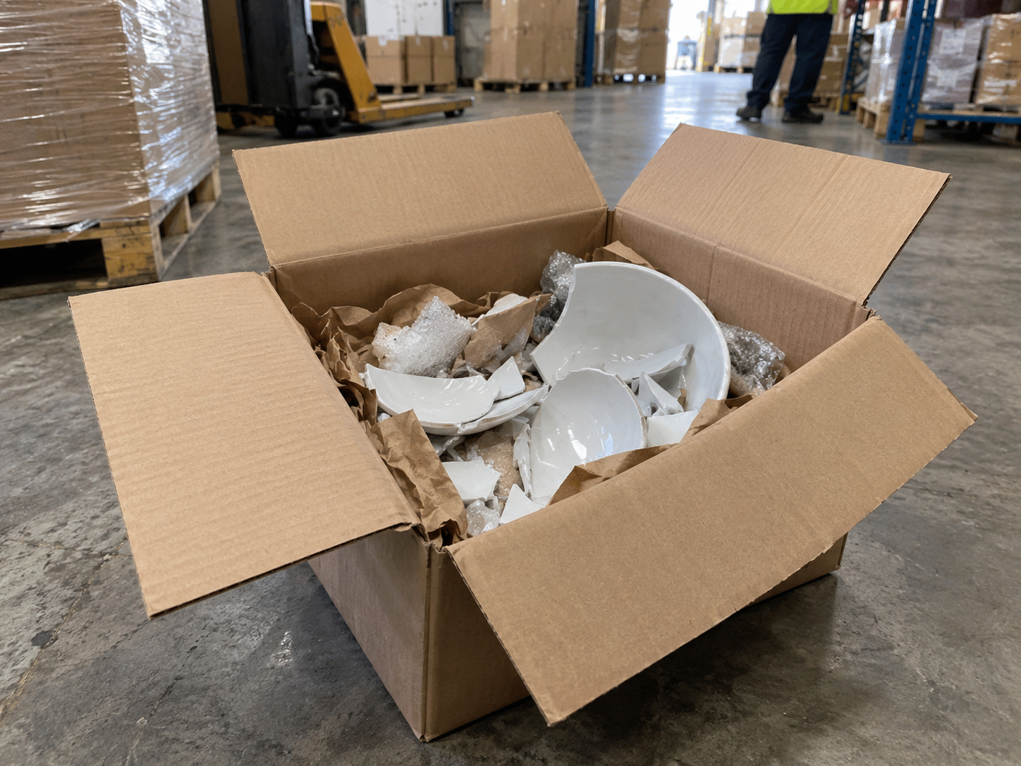 An opened cardboard carton on a warehouse floor with square, undamaged sides and flaps, containing broken white ceramic pieces among crumpled paper and bubble wrap.