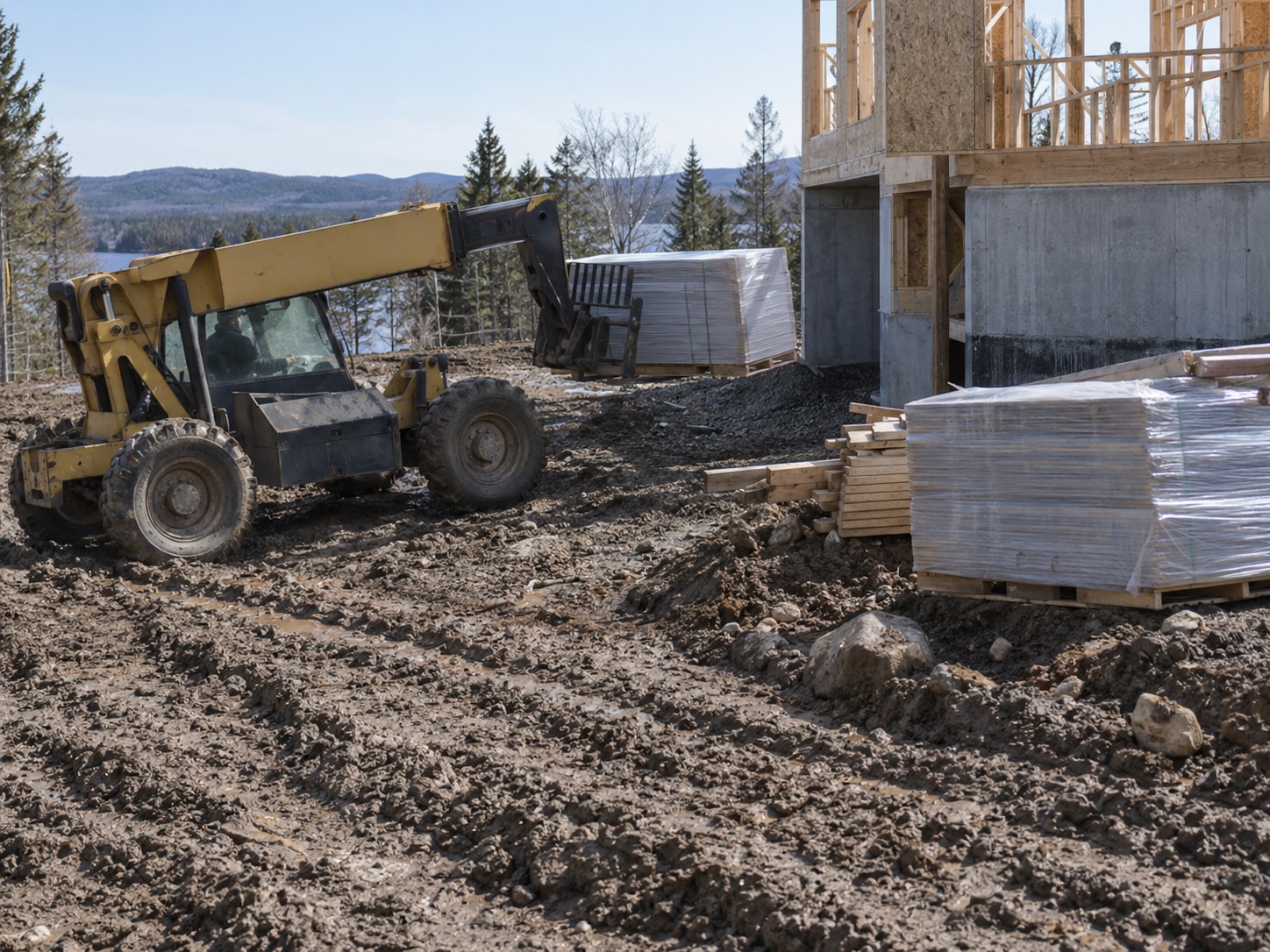 A rough-terrain telehandler lowering banded building materials onto rutted, muddy ground beside a part-built structure.