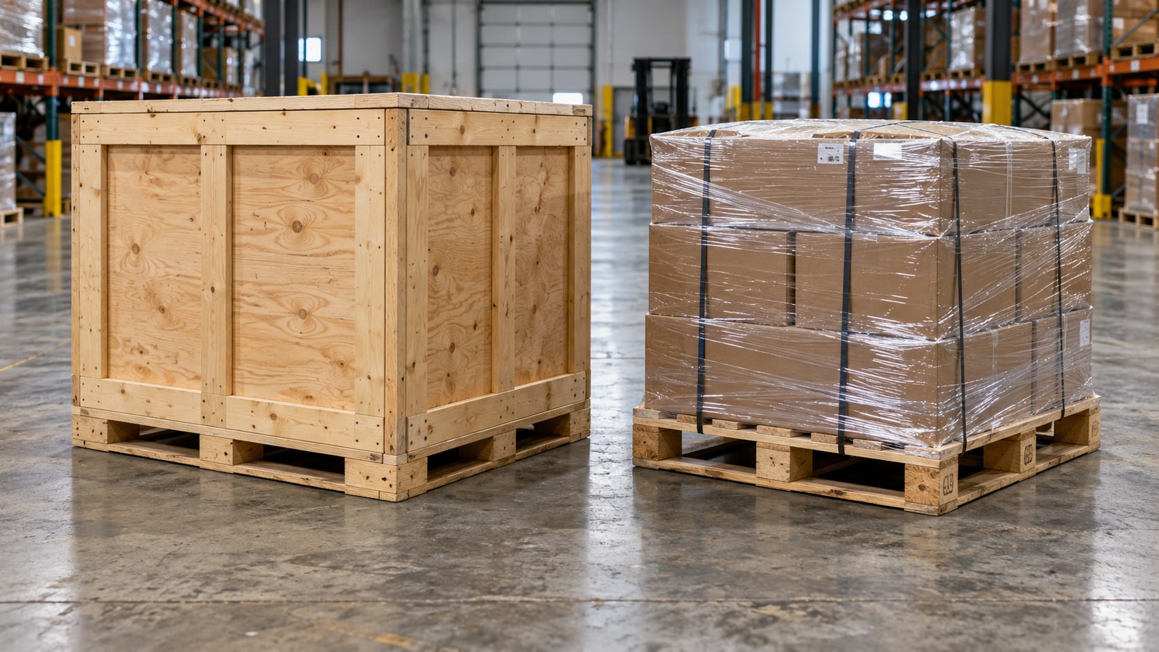 A wooden shipping crate beside a banded, stretch-wrapped pallet of cartons on a warehouse floor.