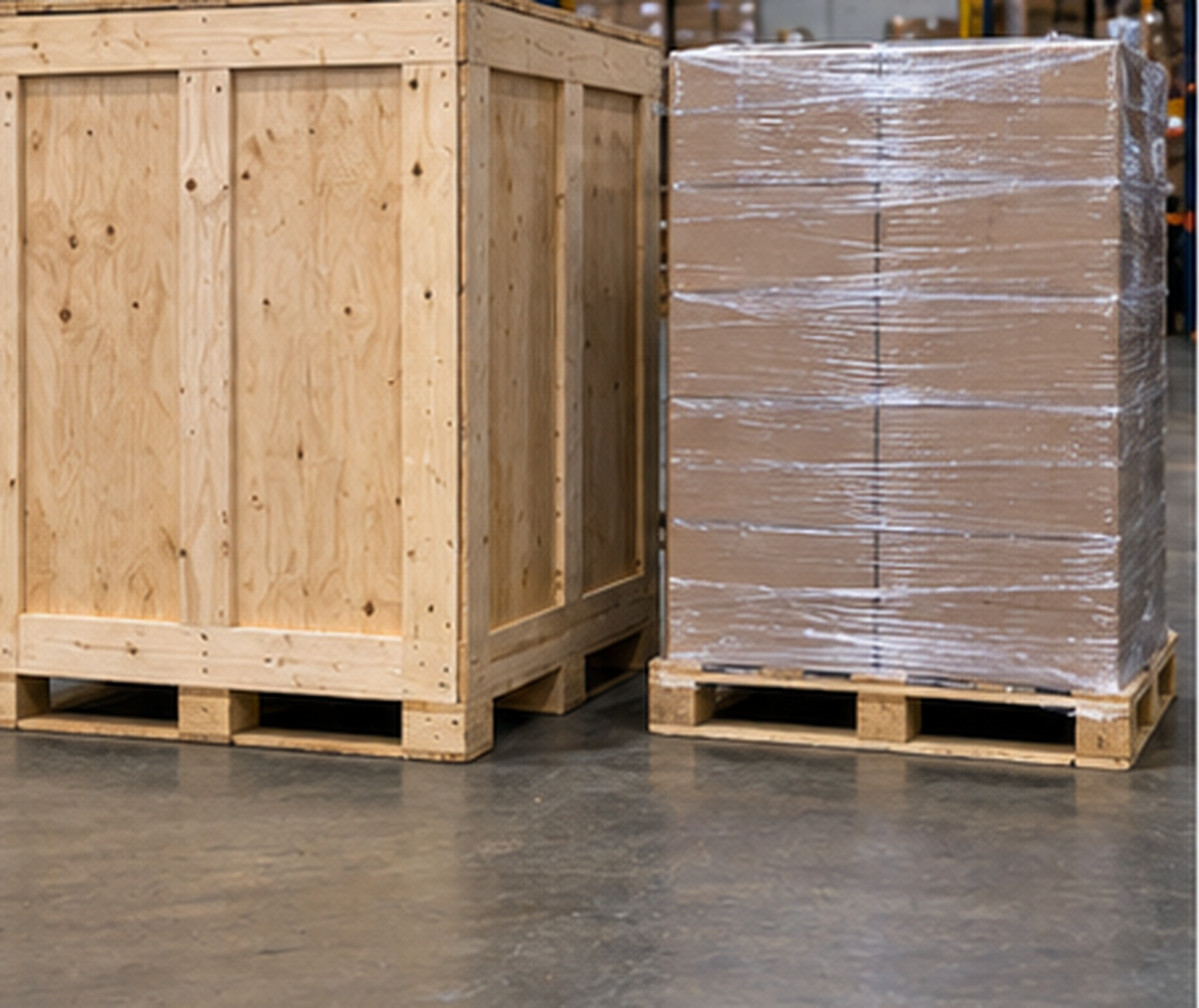 A closed wooden crate beside a stretch-wrapped pallet of cartons of similar footprint, for size comparison.