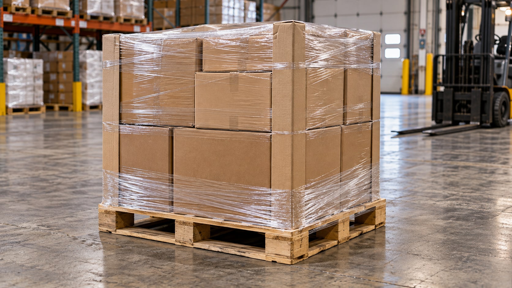 A well-built pallet: cartons stacked square and flush to the edges, tightly stretch-wrapped, in a warehouse aisle.