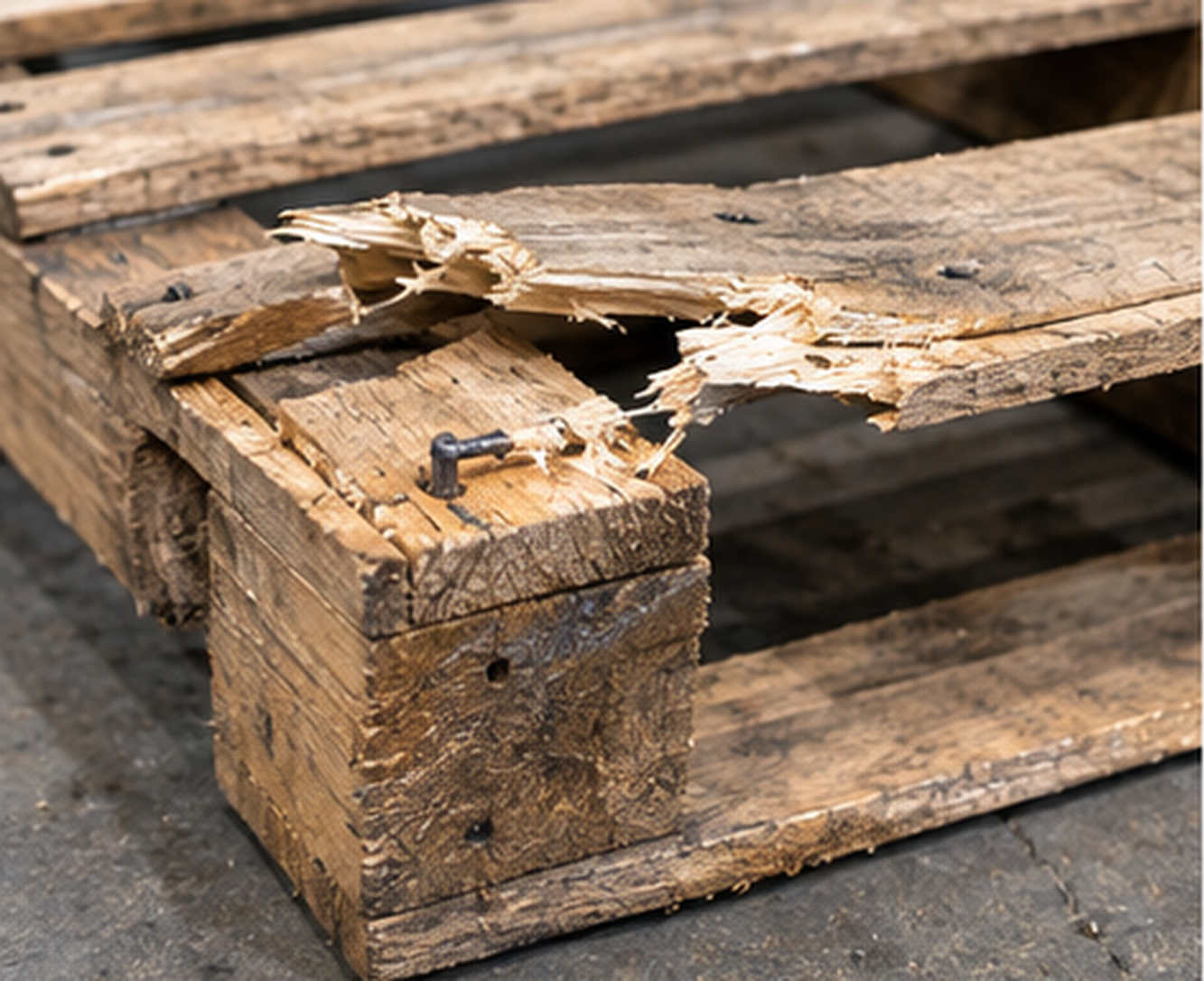 A wooden pallet on a warehouse floor with a broken deck board and a split, splintered stringer.