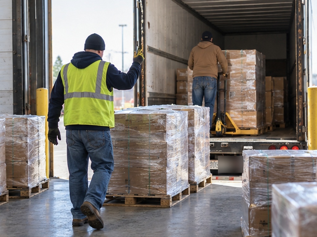 A receiver in a high-visibility vest walking beside wrapped pallets set down on a dock with one hand raised, while another worker moves freight inside the trailer behind.
