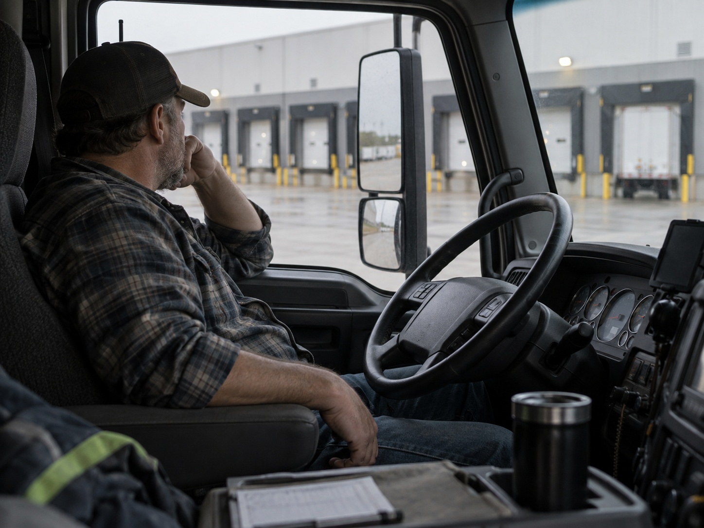 A truck driver sitting in the cab with a hand to his face, looking out at a row of loading dock doors through the windscreen.
