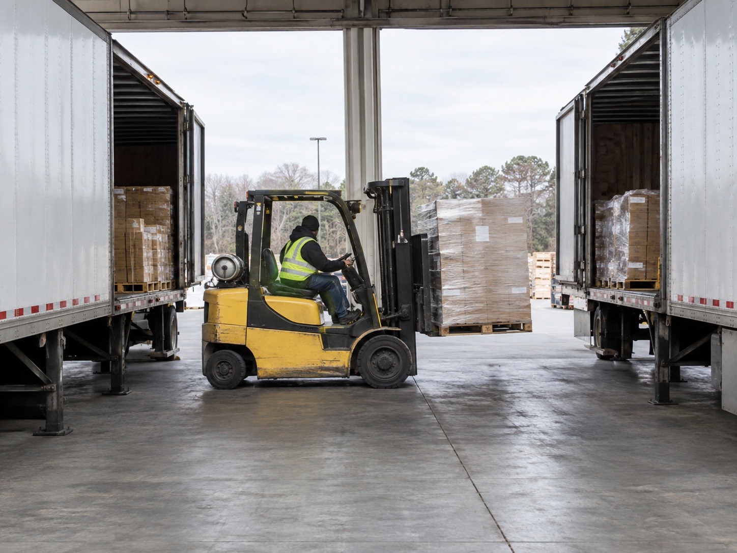 A forklift carrying a wrapped pallet across a cross-dock between two open trailers parked at doors on either side.