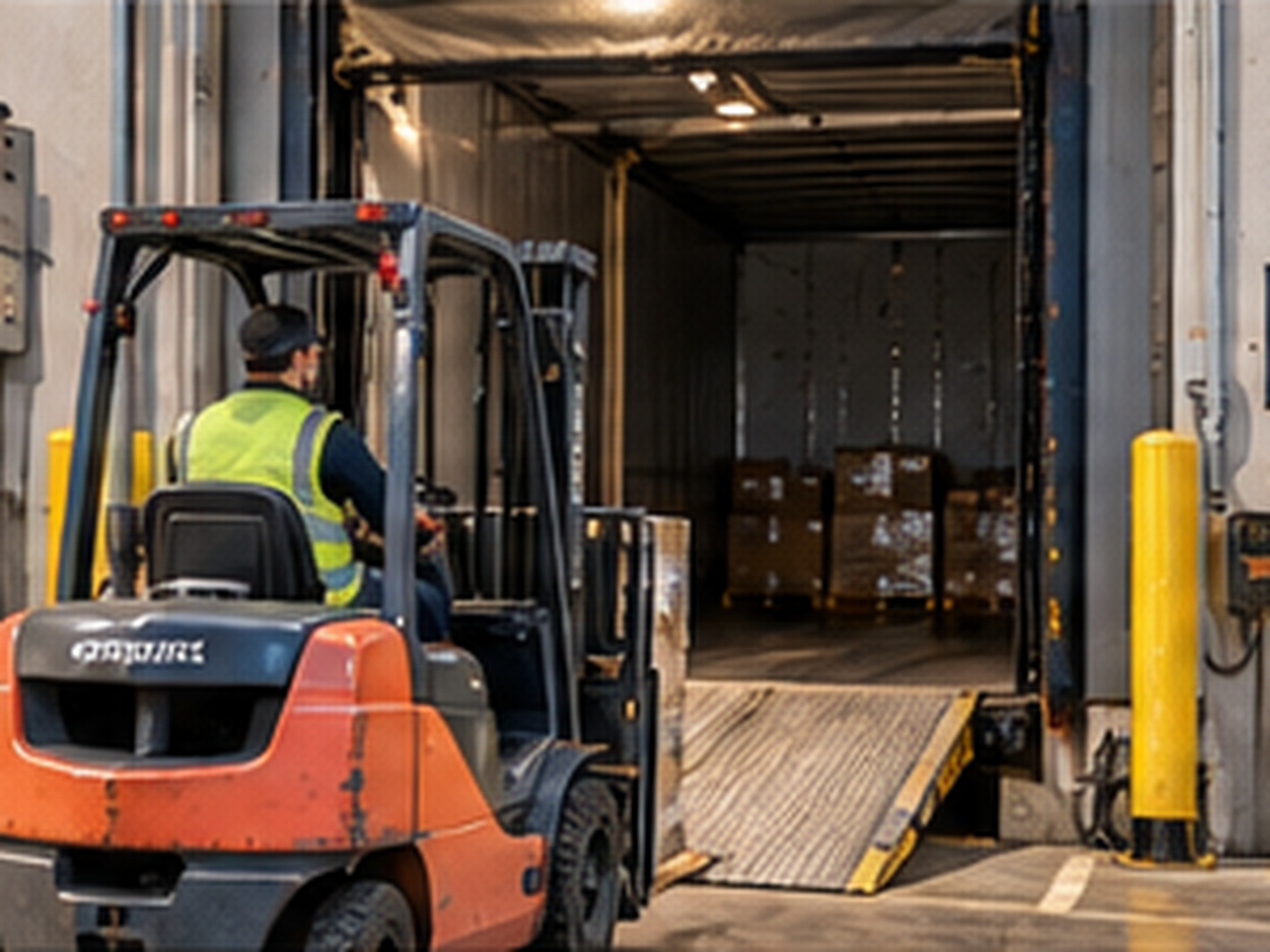 Freight trailer positioned at a warehouse dock with dockboard in place and a forklift approaching through a clear controlled work area.
