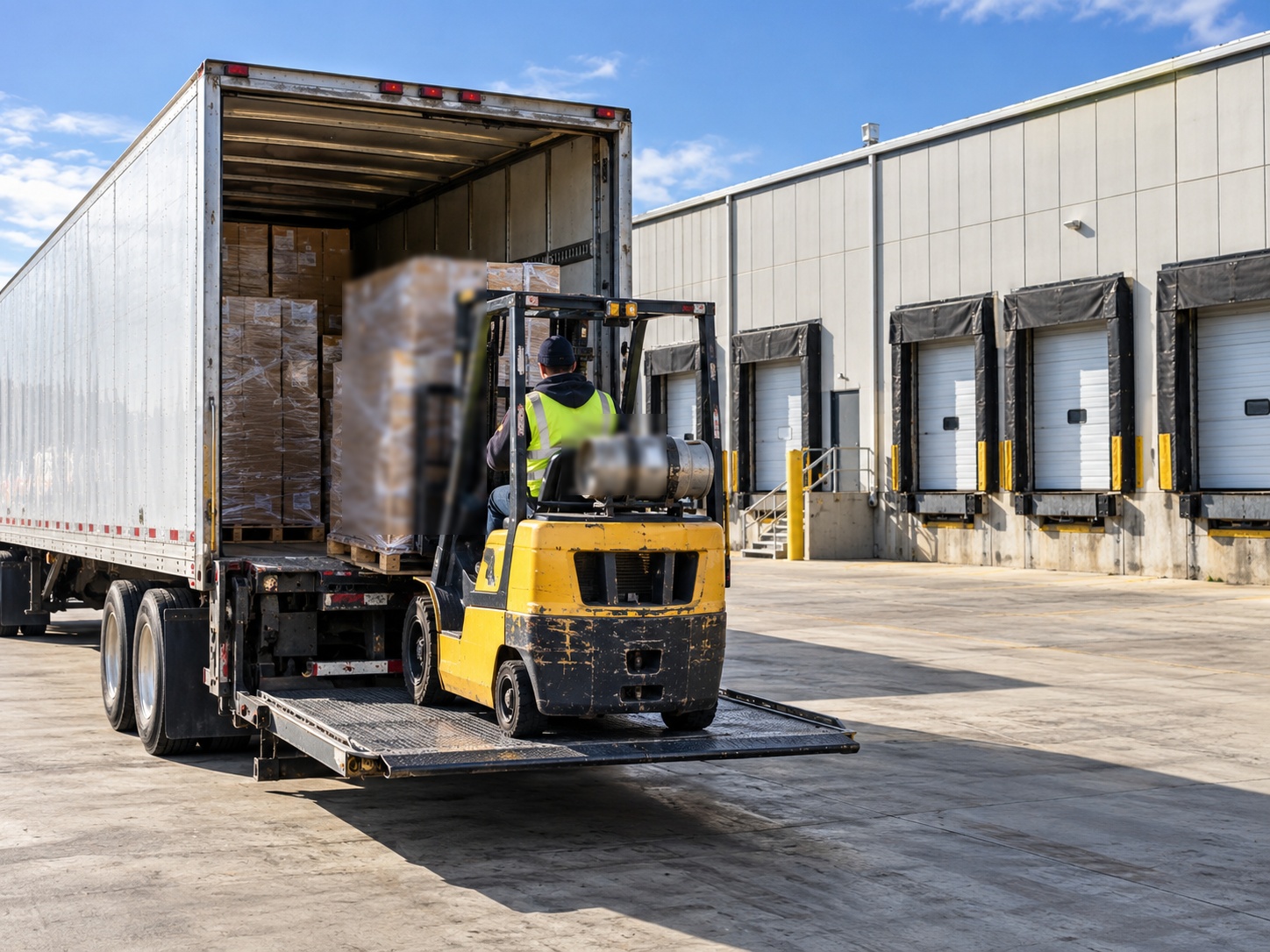 A forklift working a trailer at ground level from a ramp in the yard, with the building’s raised dock doors in the same frame behind it.