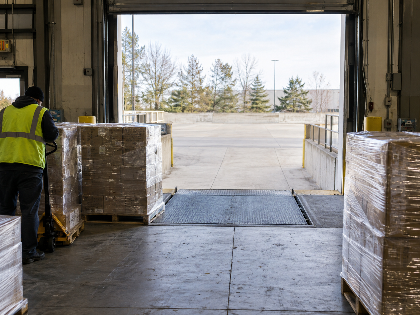 Looking out through an open warehouse dock door at an empty bay with no truck at it, wrapped pallets staged on the dock plate and a worker moving another pallet with a pallet jack.
