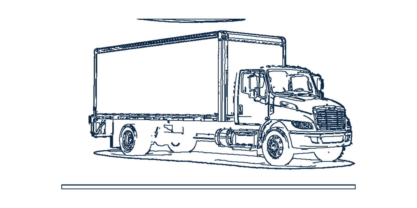 Navy outline illustration of a straight box truck with an enclosed cargo body.