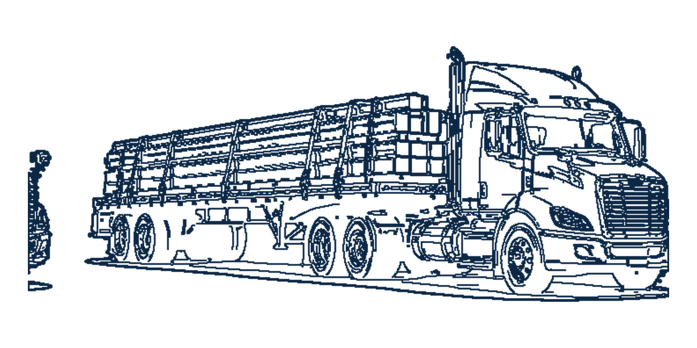 Navy outline illustration of a tractor pulling an open flatbed loaded with bundled steel.