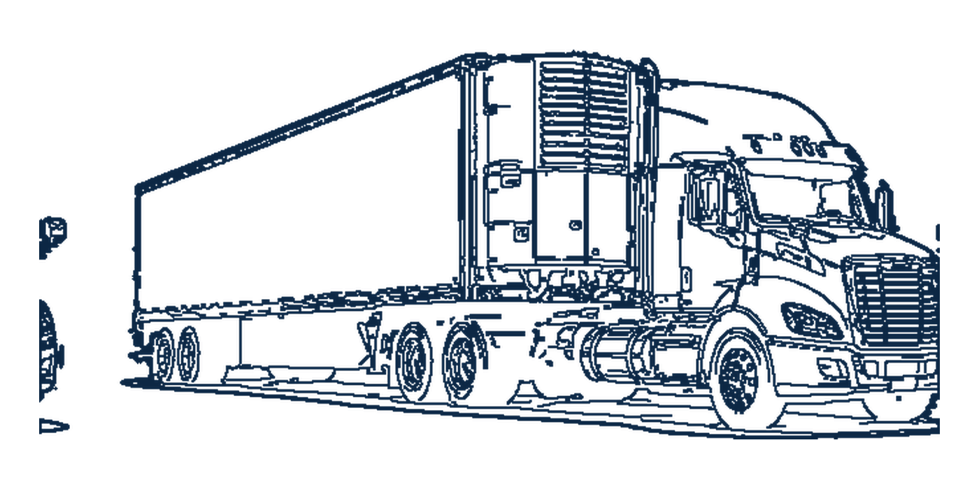 Navy outline illustration of a refrigerated tractor-trailer with the cooling unit on the front of the trailer.