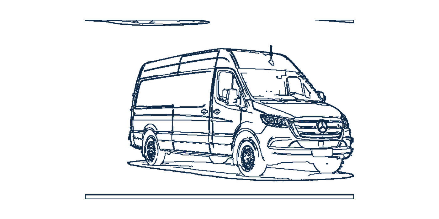 Navy outline illustration of a high-roof Sprinter-style cargo van.