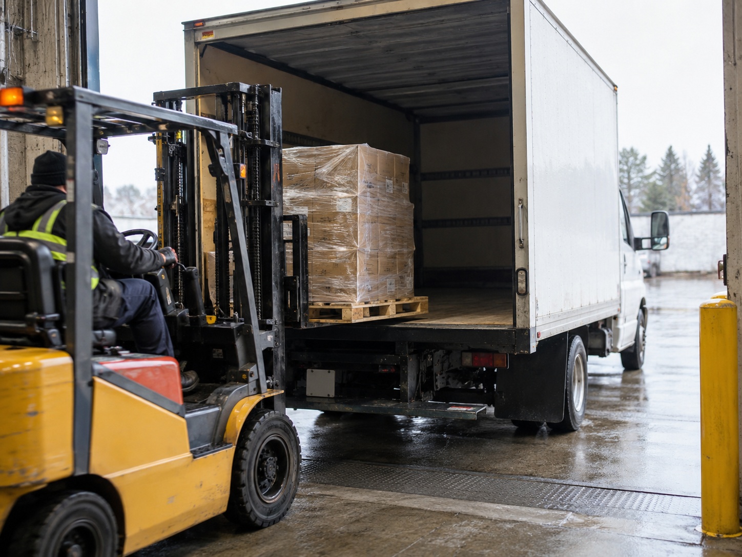 A forklift placing a single stretch-wrapped pallet into the back of a small box truck at a dock.