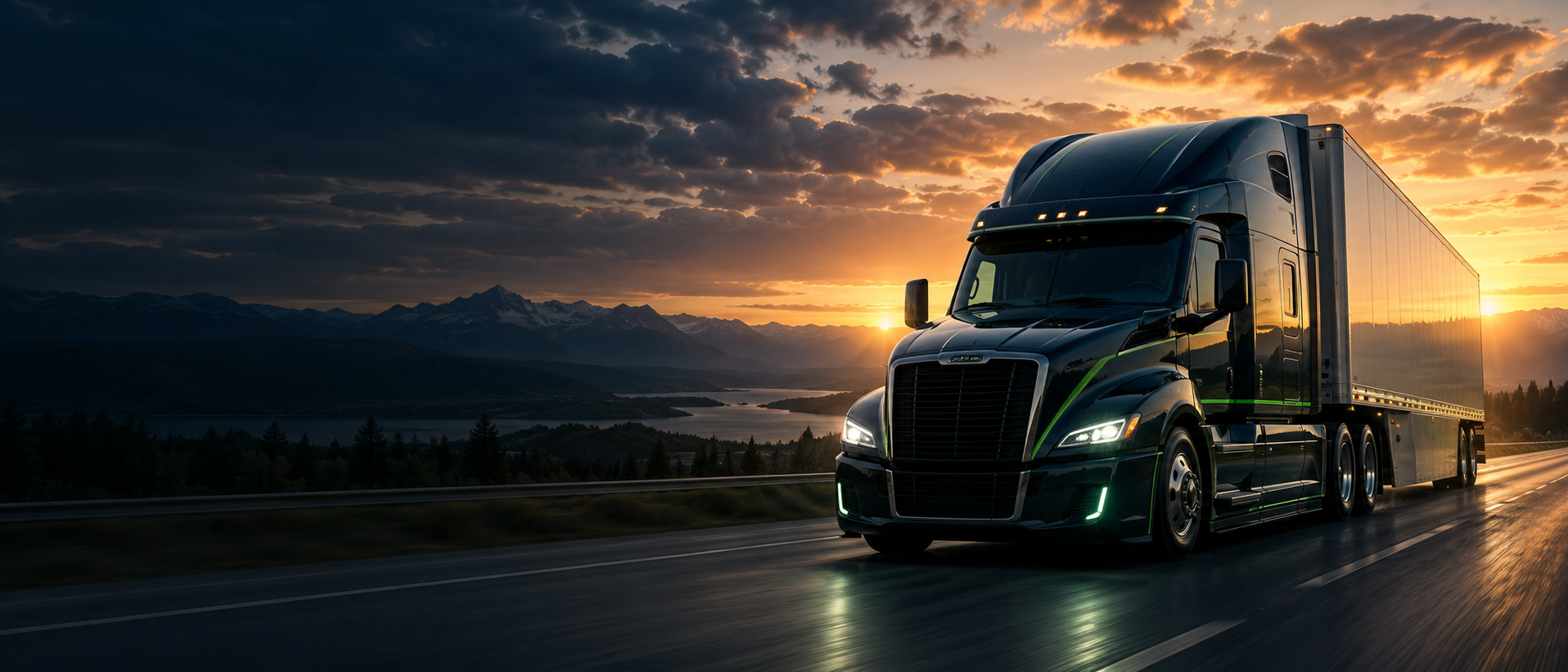 A dark tractor-trailer with green accent lighting running a highway at sunset, with a lake and snow-capped mountains behind it.