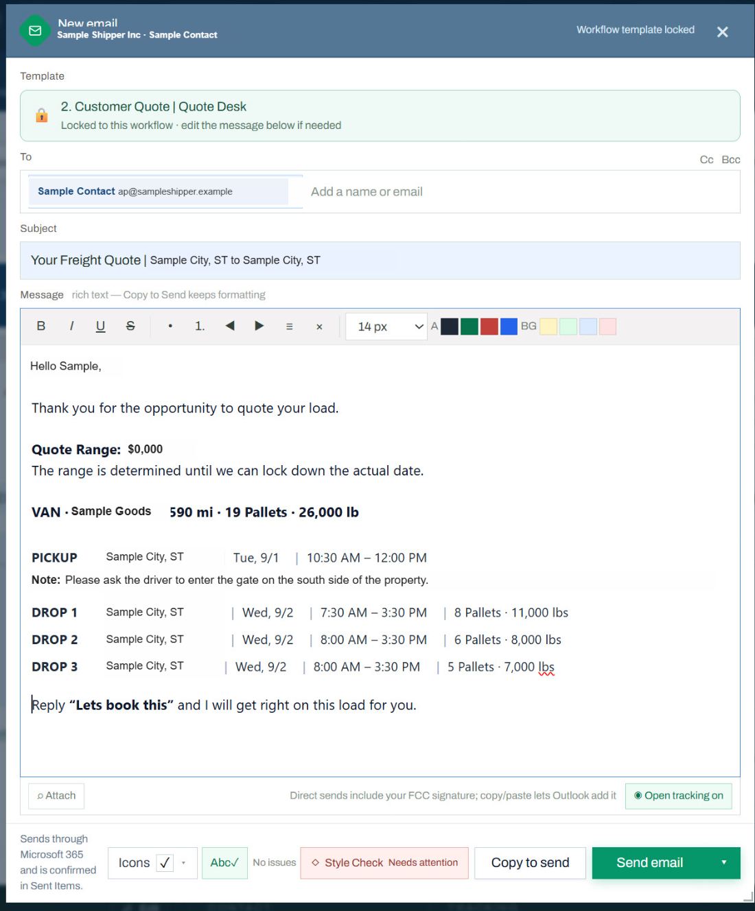 Screenshot of the Freight Command Center email composer: a locked customer-quote template with recipient, subject, and a body listing equipment, commodity, mileage, pallet count, weight, pickup and three drop windows, all showing fictional sample data.