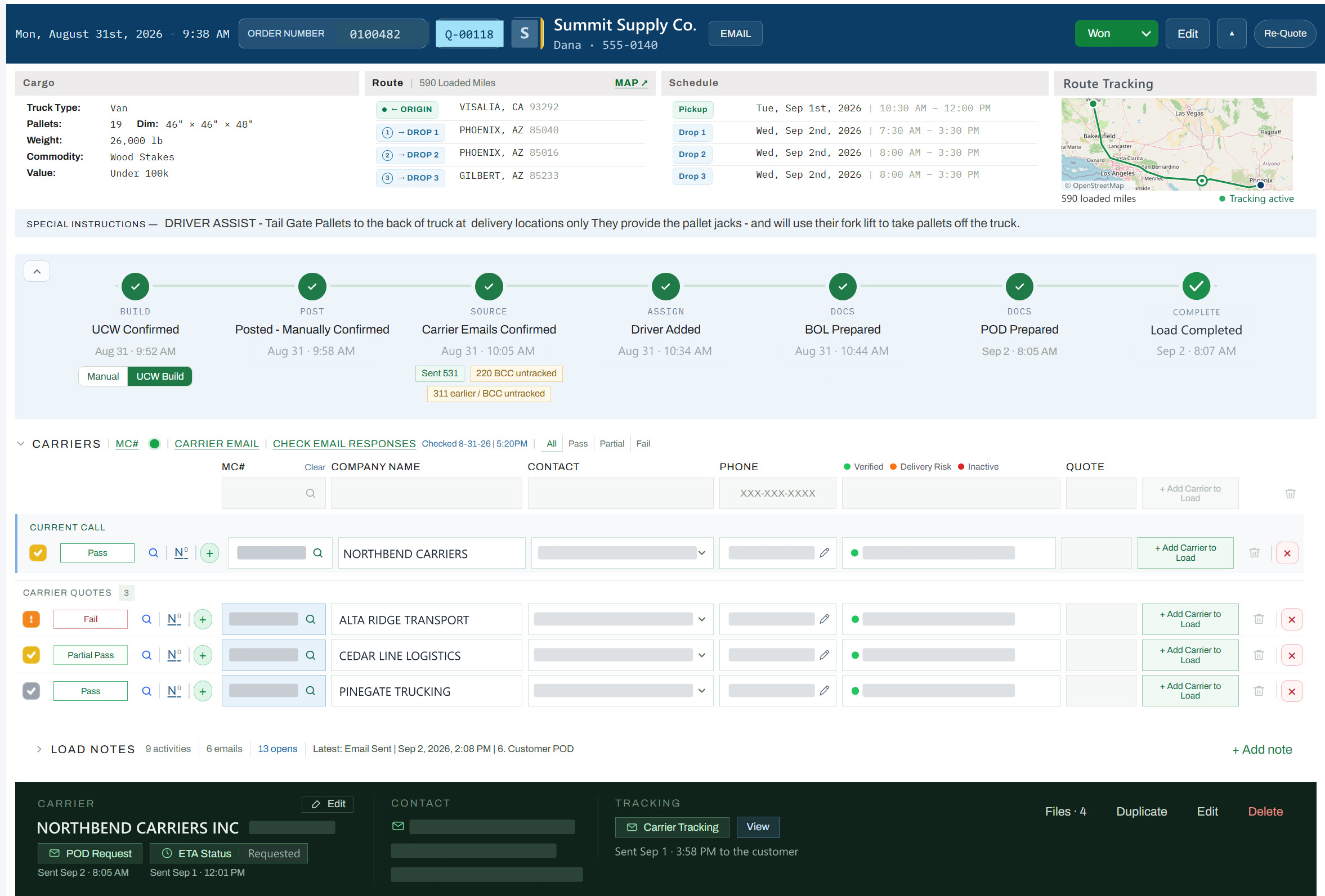 The Freight Command Center load screen: cargo, route and schedule for a three-drop shipment, a route tracking map from Visalia, California to Phoenix, Arizona with the truck part way along it, a seven-stage progress timeline from build through load completed, a list of carriers showing pass, partial pass and fail vetting results, and the assigned carrier with tracking.
