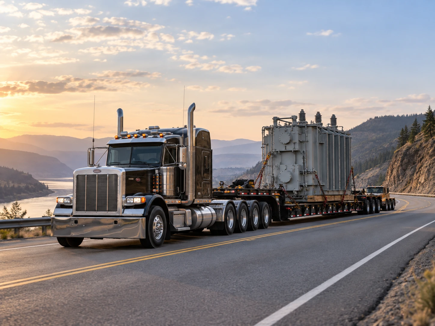 A conventional tractor hauling a large electrical transformer on a multi-axle lowboy trailer along a mountain highway at sunrise, with a pilot car following.