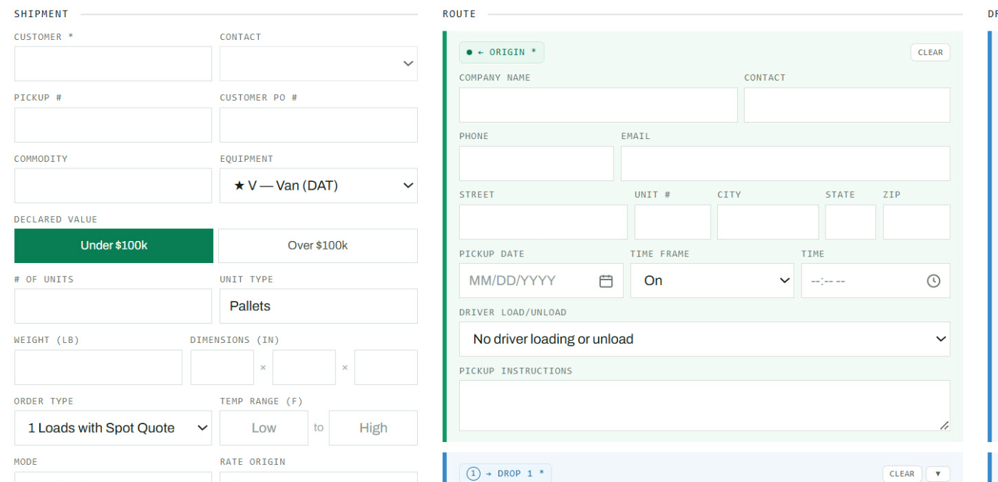 Screenshot detail of the Freight Command Center shipment entry screen: labeled fields for customer, commodity, equipment, declared value, unit count, weight, dimensions, order type and temperature range, beside an origin block with address, date, time frame and driver load or unload.