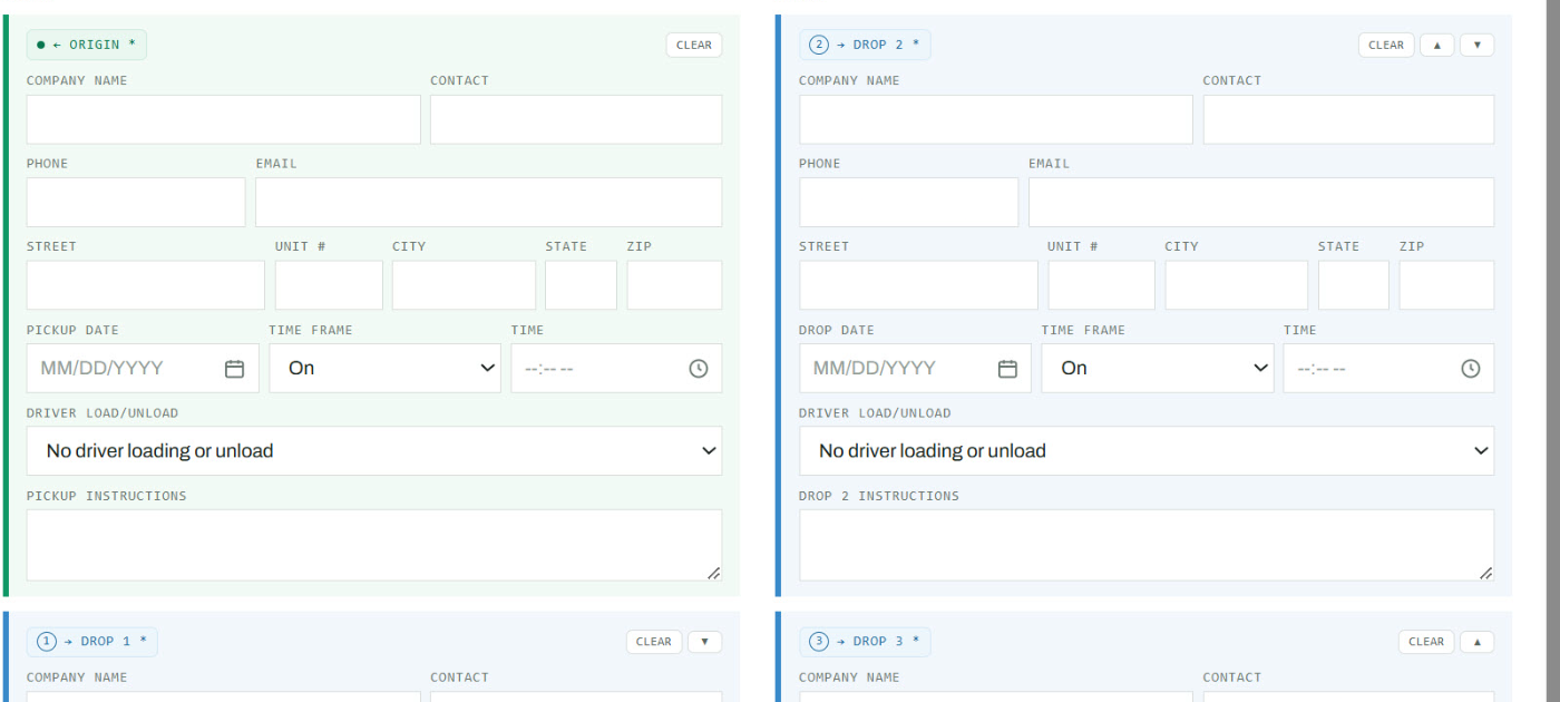 Screenshot detail showing separate origin, drop 1, drop 2 and drop 3 blocks, each with company, contact, address, date, time frame, driver load or unload and instructions fields.
