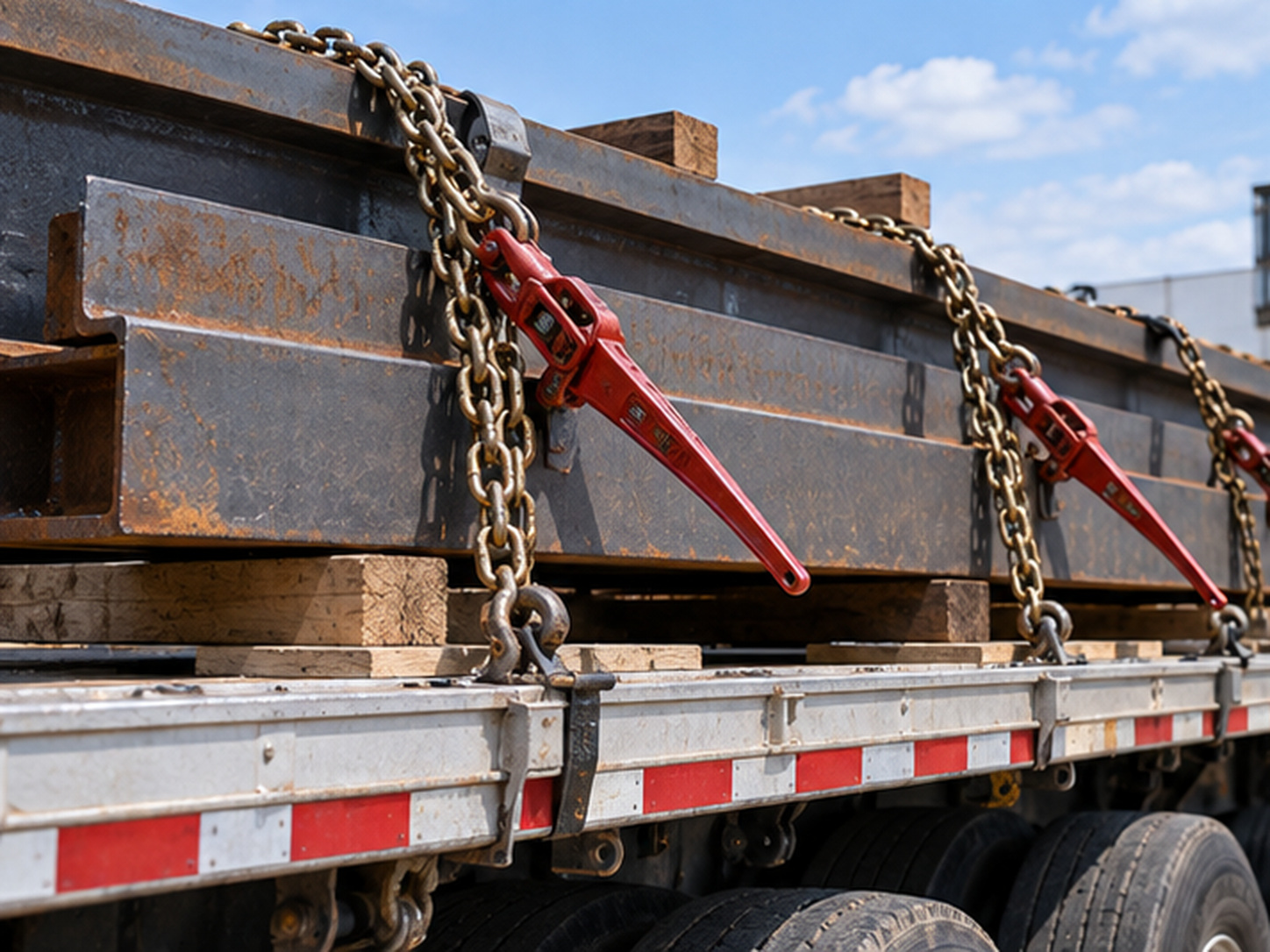 Close view of steel beams on a flatbed trailer secured with transport chain and red lever binders, resting on wooden dunnage.