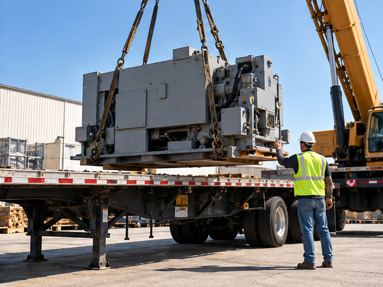 Industrial machinery being lowered onto an empty flatbed trailer by crane while a worker in a high-visibility vest guides the placement from the ground.