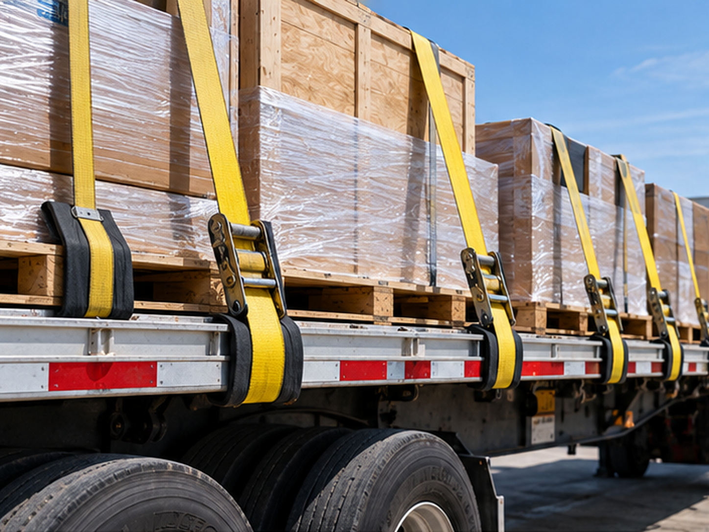 Wrapped and crated freight on a flatbed trailer held down by yellow ratchet straps, with edge protectors where the webbing crosses the crate corners.