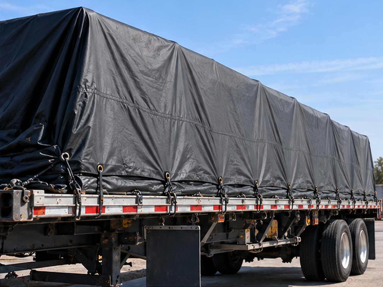 A flatbed trailer carrying a fully covered load, with a black tarp draped down the sides and secured along the lower edge of the deck.