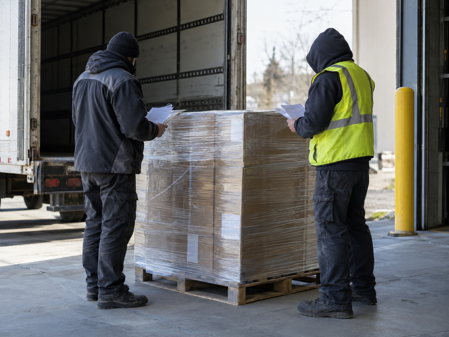 Two people at a loading dock looking together at paperwork beside a wrapped pallet, at the point the freight passes between them.