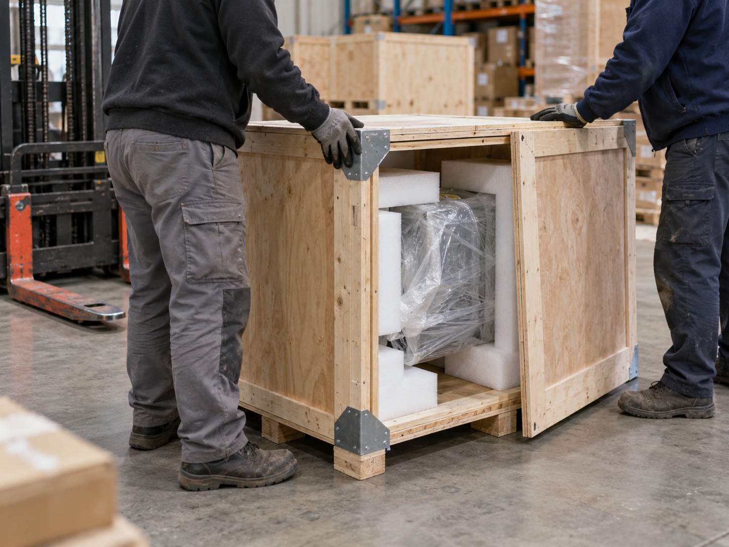 Workers handling a wooden crate with corner protection fitted and internal cushioning visible around the cargo inside.