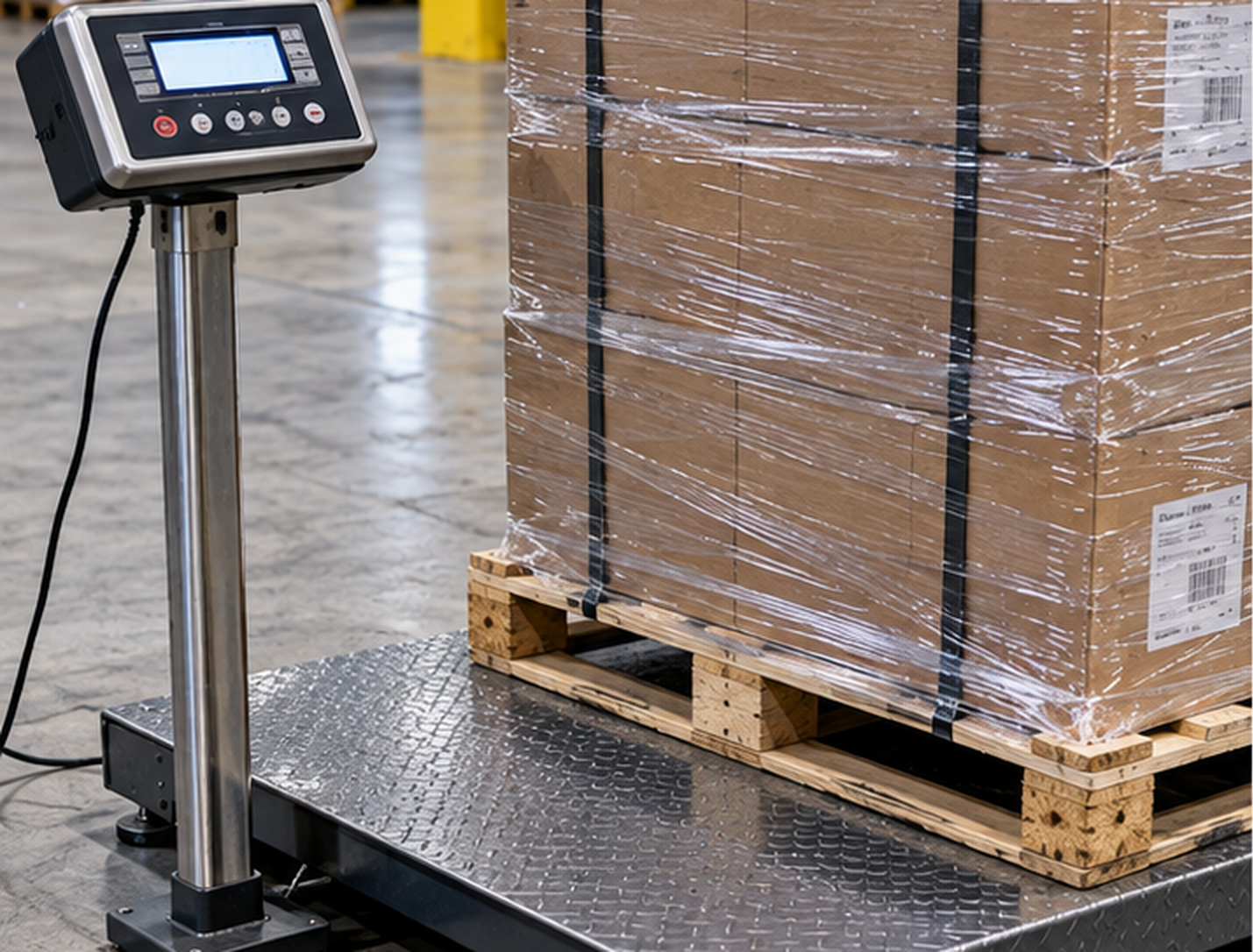 A wrapped and strapped pallet standing on a flat warehouse floor scale, with the scale indicator beside it.