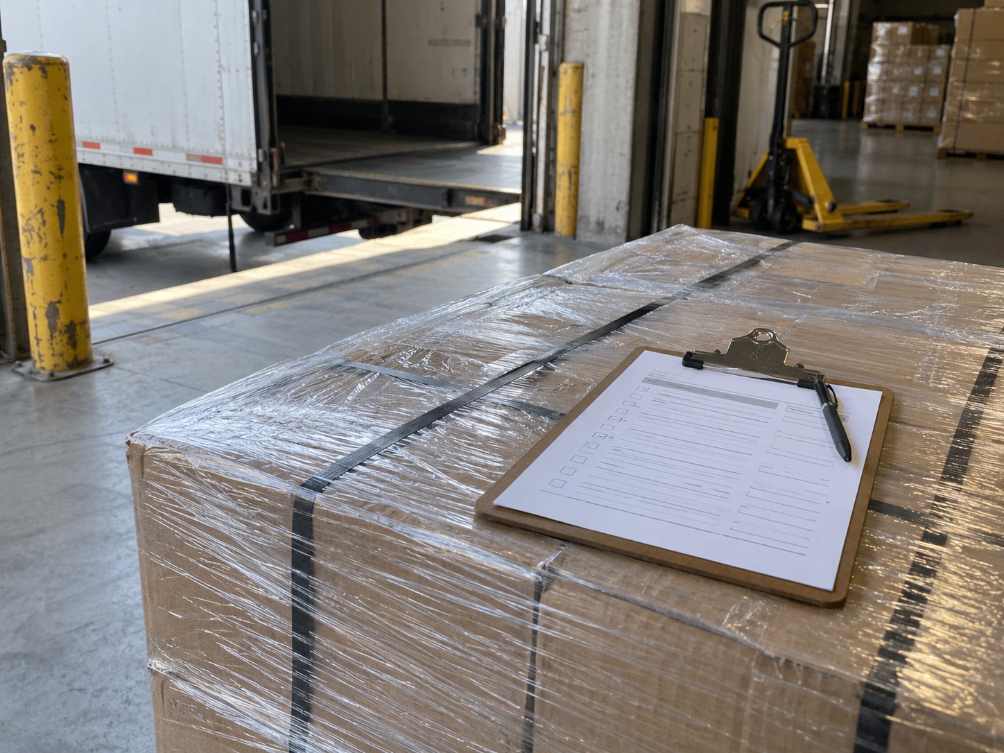 A clipboard holding a printed checklist with empty tick boxes, a pen resting on it, sitting on top of a stretch-wrapped and strapped pallet at a loading dock.