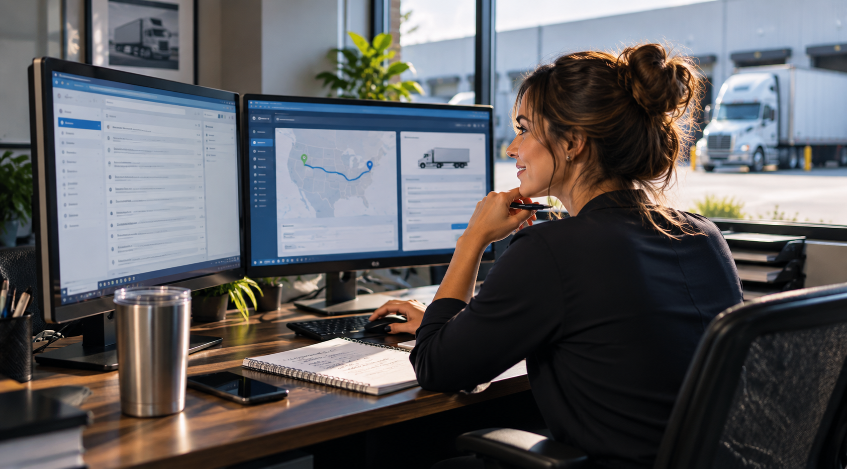 Freight coordinator reviewing shipment details and route information at a desk overlooking a loading dock.