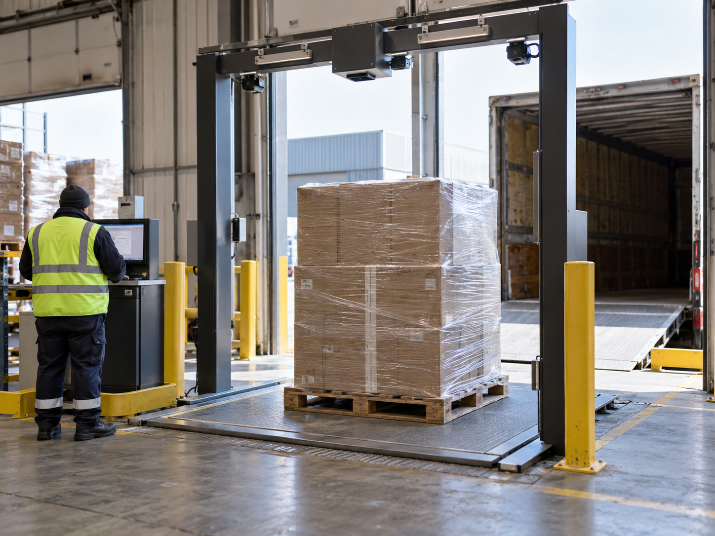 A stretch-wrapped pallet standing on a dock scale plate beneath an overhead dimensioning frame fitted with scanners, with a worker at the terminal beside it and an open trailer behind.