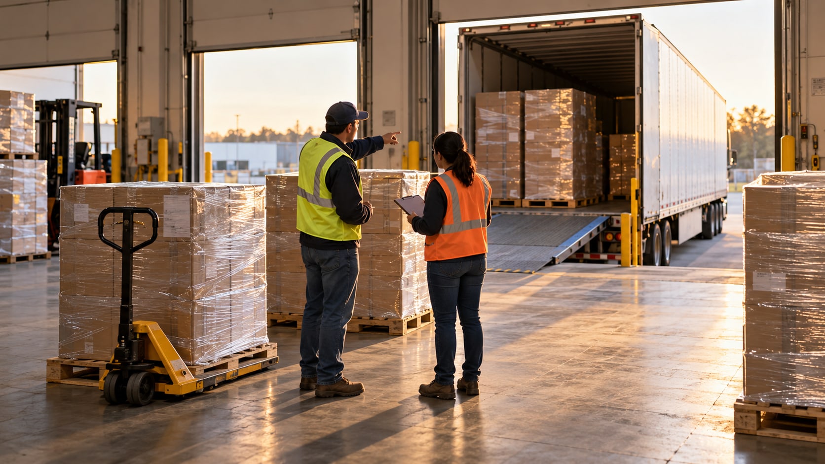 Two warehouse workers go over shipment details beside stretch-wrapped pallets at an open dock door with a loaded trailer.