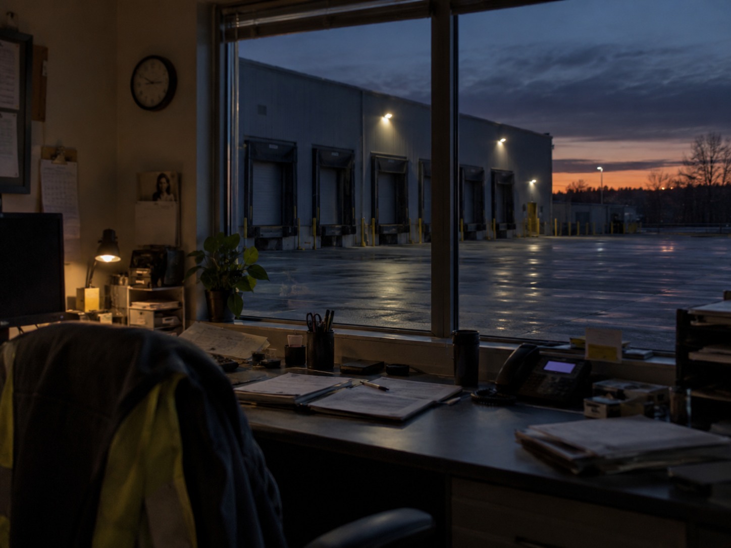A dimly lit warehouse shipping office at dusk with a wall clock and paperwork on the desk, looking out through a window at a wet, empty dock apron.