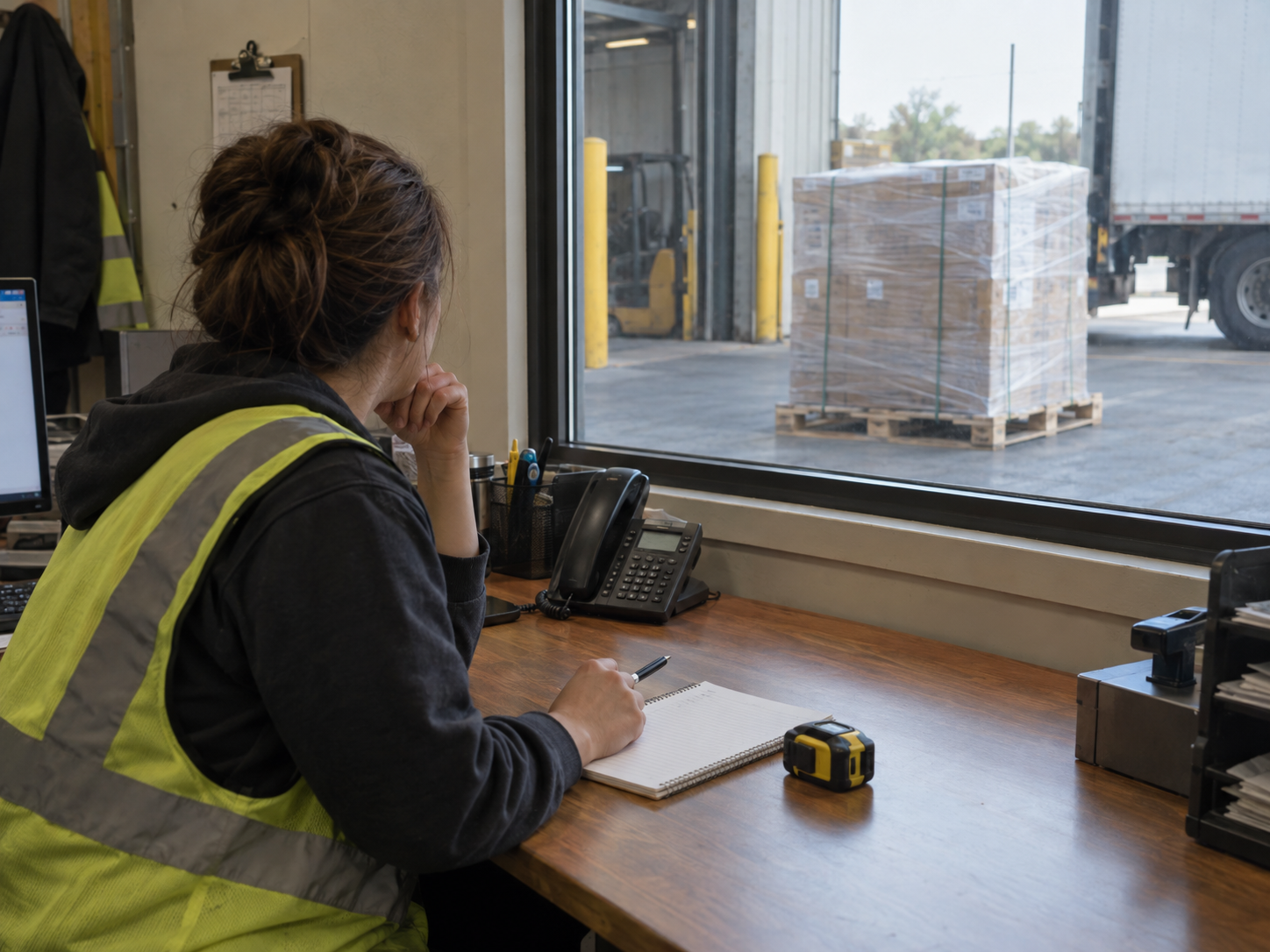 A shipping coordinator at a warehouse office desk with a notepad and a tape measure in front of her, looking out through the window at a stretch-wrapped pallet staged on the dock beside a trailer.