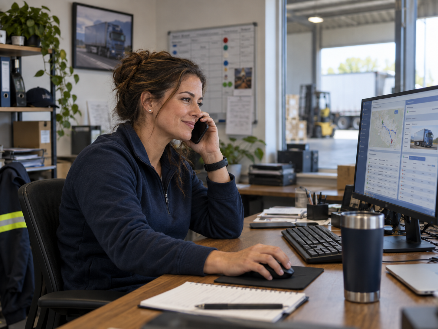 Freight coordinator taking a shipment update call with load details open on screen and a trailer at the dock.